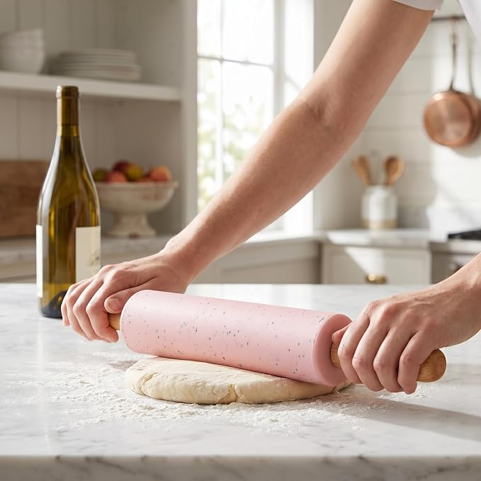 Silicone Rolling Pin for Baking,15Inch Pastry Dough Roller with Wooden Handle,Non Stick Surface Rolling Pin for Dough Cookie Pastry Tapered Dumpling Baking Supplies Kitchen Accessories