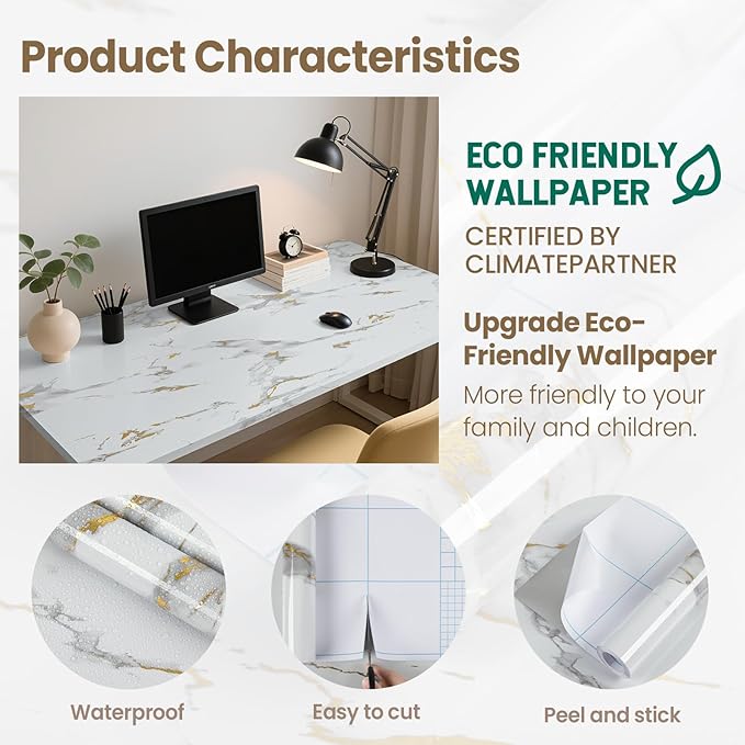 practicalWs Glossy Marble Wallpaper Peel and Stick White/Gold Granite Contact Paper Removable Wall Paper for Kitchen Countertop Cabinet Furniture 23.6" x 118"