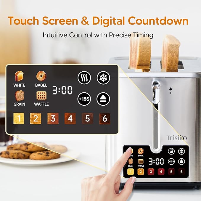 Touch Screen Electric Toaster 2 Slice, Stainless Steel Smart Toaster with Digital Timer, 1.38" Extra-Wide Slots for Bread& Bagel, Great for Home, Office,Dorm