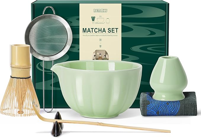 Renmxj Matcha Whisk Set,7 PCS Ceramic Matcha Kit Includes Matcha Bowl with Spout, Matcha Whisk and Holder, Bamboo Scoop, Stainless Sifter, Tea Towel, Unique Gift for Matcha Lovers (Green)
