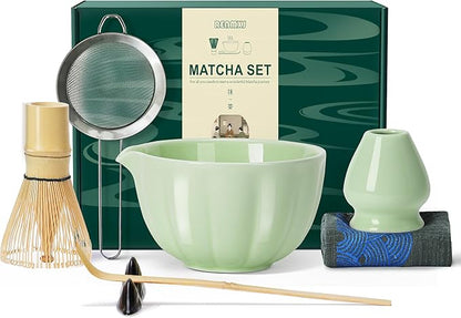 Renmxj Matcha Whisk Set,7 PCS Ceramic Matcha Kit Includes Matcha Bowl with Spout, Matcha Whisk and Holder, Bamboo Scoop, Stainless Sifter, Tea Towel, Unique Gift for Matcha Lovers (Green)