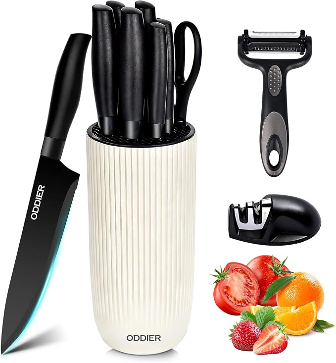 Knife Set, 10 Piece Kitchen Knife Set with Block and Sharpener, Anti-Rust Stainless Steel Knives Set for Kitchen, Chef Universal Knife Block Set, Dishwasher Safe, Ergonomical Design, White