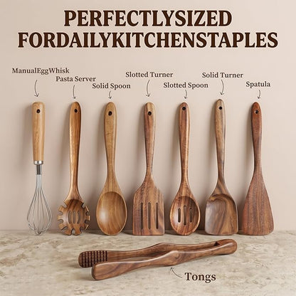8 Pcs Wooden Kitchen Utensils Set, Natural Acacia Wood Utensils Set for Cooking, Durable Easy Clean Wooden Utensil Set with Acacia Wooden Spatulas and Spoons for Nonstick Cookware