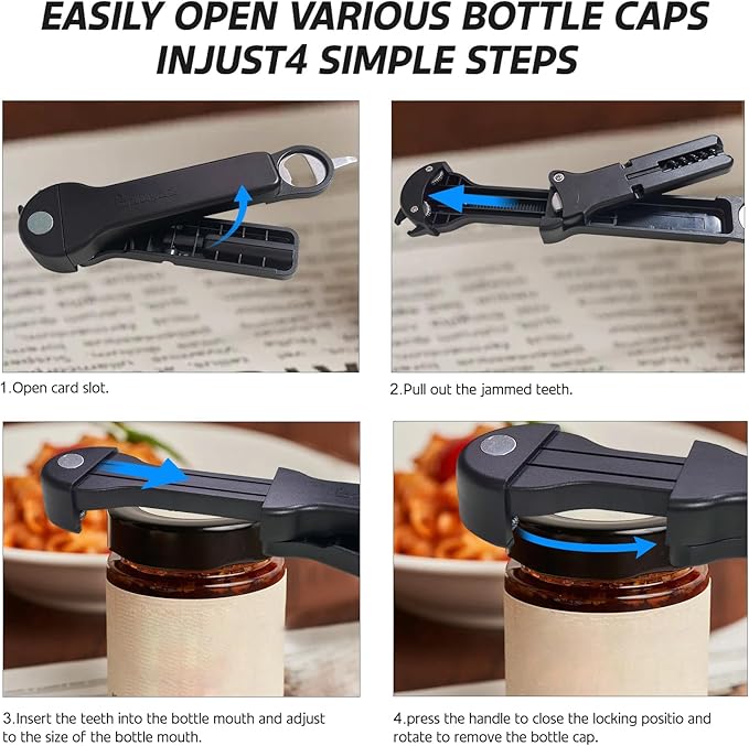 Jar Opener for Seniors with Arthritis, 7 in 1 Bottle Opener and Wine Corkscrew, Easy Grip Kitchen Gadget for Weak Hands Elderly, Retractable Jaw Lid Opener with Magnetic Storage (Black)