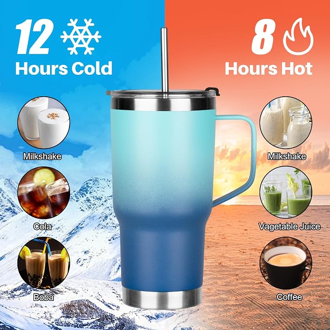 20 oz Tumbler with Handle, Stainless Steel Insulated Tumbler with Lid and Straw, Double Wall Vacuum Coffee Mug Tumbler,Insulated Coffee Thermal Cup for Cold and Hot(Light Dark Blue)