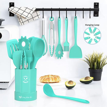 Silicone Kitchen Utensils Set, 16-Piece Silicone Cooking Utensils by Deedro, Heat Resistant Kitchen Tools Set with Holder, Nonstick Spatula Kitchen Gadgets for Cooking & Baking, Green