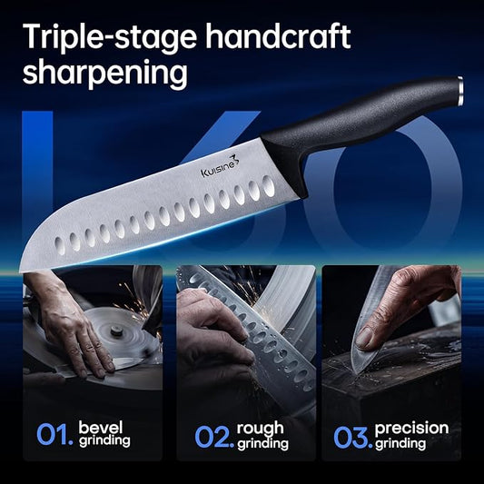 KUISINE Upgraded Chef Knife Set,High Carbon Stainless Steel Ultra Sharp Blade Ergonomic Handle,Kitchen Knife Block Set with Built-in Sharpener,Elegant Gift for Holiday(Silver Black,15PCS)