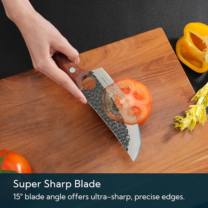KITCHENDAO Chef Knife 6 Inch Super Sharp Viking Knife with Finger Hole Full Tang Kitchen Knife with Ergonomic Rosewood Handle for Slicing, Deboning and Cutting, Gift Box for Family and Friends