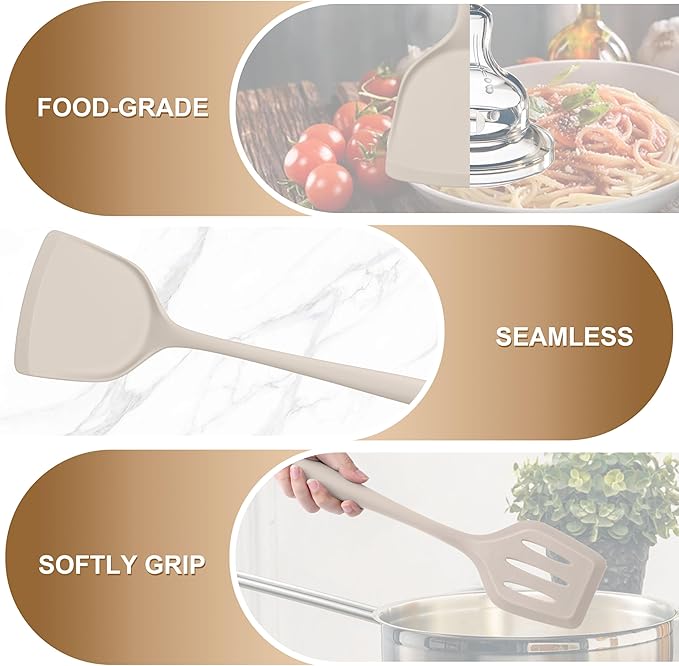 TeamFar Cooking Utensils Set of 4, Silicone Kitchen Utensils, Solid & Slotted Spoons Turners for Cooking/Serving/Frying, Healthy & Seamless Design, Heat-Resistant & Non-Scratch, Dishwasher Safe, Khaki