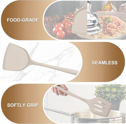 TeamFar Cooking Utensils Set of 4, Silicone Kitchen Utensils, Solid & Slotted Spoons Turners for Cooking/Serving/Frying, Healthy & Seamless Design, Heat-Resistant & Non-Scratch, Dishwasher Safe, Khaki