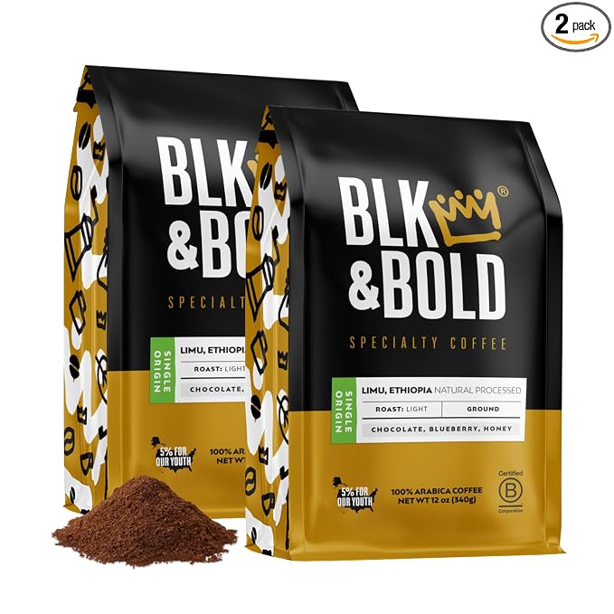 BLK & Bold Ground Coffee, Limu Ethiopia Light Roast, Single Origin, Chocolate Blueberry Honey Notes, For Drip Coffee Maker, French Press & Coffee Pot, 12 oz Bags (2 Pack)