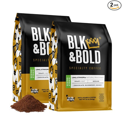BLK & Bold Ground Coffee, Limu Ethiopia Light Roast, Single Origin, Chocolate Blueberry Honey Notes, For Drip Coffee Maker, French Press & Coffee Pot, 12 oz Bags (2 Pack)