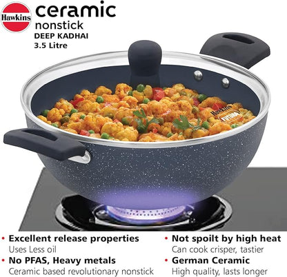 HAWKINS Ceramic Nonstick 3.5 Litre Deep Kadhai, Induction Deep Fry Pan with Glass Lid, Granite Kadai (ICK35G)