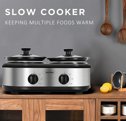 Sunvivi Dual Slow Cooker, Buffet Server and Food Warmer, Small Mini Pot with 3 Adjustable Temp & 2 Visible Glass Lids, for Parties, Holidays and Entertaining, Stainless Steel, 2 * 1.25 Quarts