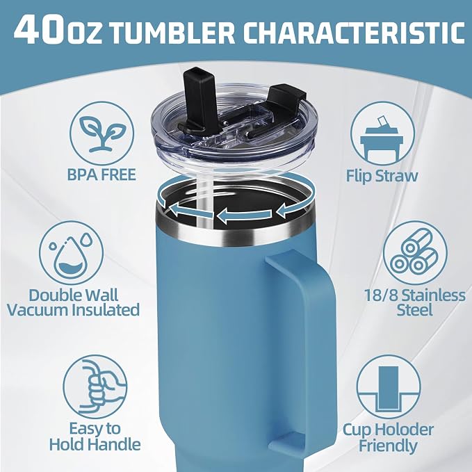 40 oz Tumbler with Handle and Flip Straw, 100% Leakproof Insulated Tumbler with Lid and Straw, Stainless Steel Travel Coffee Mug, Insulated Coffee Thermal Cup for Cold and Hot (Maya Blue)