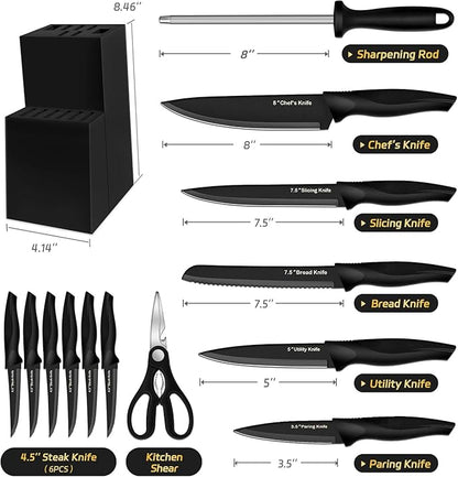 XANAPON Knife Set, 14 Pieces Kitchen Knife Set, High Carbon German Stainless Steel, Dishwasher Safe Cutlery with Sharpener, Black