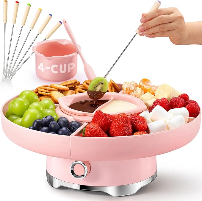 LUSHYUM Chocolate Fondue Pot Set Electric Melting Machine, 4-Cup Capacity 4 Trays 6 Forks 1 Spatula Cheese Warmer, Ideal Gift for Couple Family & Date Night Idea House Warming Holidays Essentials