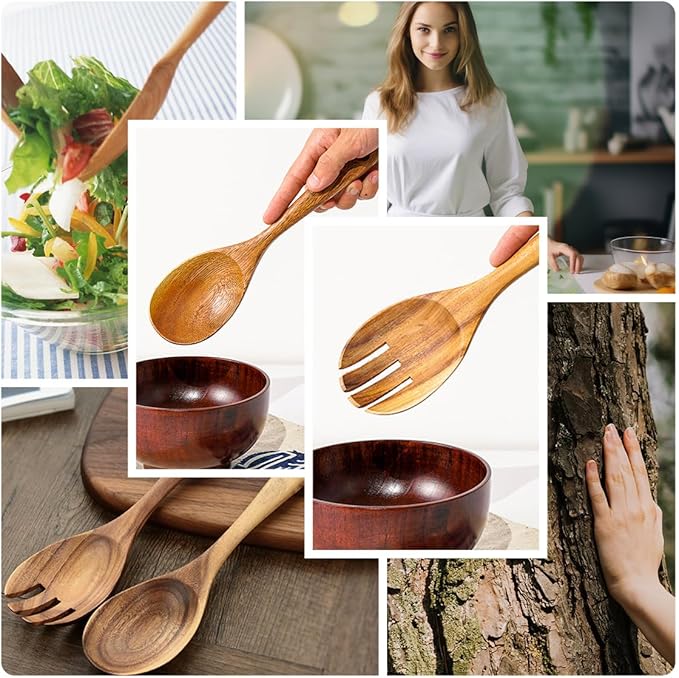 13-Inch Teak Wood Salad Serving Spoon Pack of 2, Wood Cooking Spoons, Large Wooden Spoons for Cooking, Large Serving Spoons, Teak Wooden Salad Spoon Set