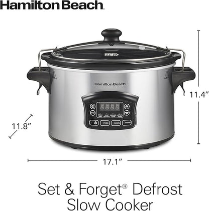 Hamilton Beach Portable 6 Quart Set & Forget Digital Programmable Slow Cooker with Lid Lock, Temperature Probe & Defrost Setting, Dishwasher Safe Crock & Lid, Silver (33869)