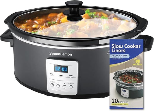 7QT Slow Cooker, Electric Programmable Cooker with 20H Timer & 3 Heat Settings, Oval Ceramic Pot — Ideal for Family Meals & Meal Prep, Compatible with 20 Count 13"x21" Cooking Liners