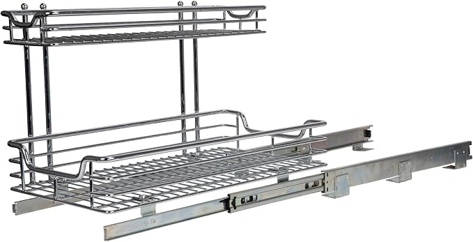 Household Essentials Glidez 2‑Tier Large Multipurpose Chrome‑Plated Steel Pull‑Out/Slide‑Out Under Sink Organizer, Chrome Finish