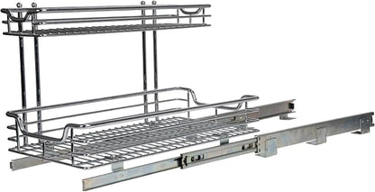 Household Essentials Glidez 2‑Tier Large Multipurpose Chrome‑Plated Steel Pull‑Out/Slide‑Out Under Sink Organizer, Chrome Finish