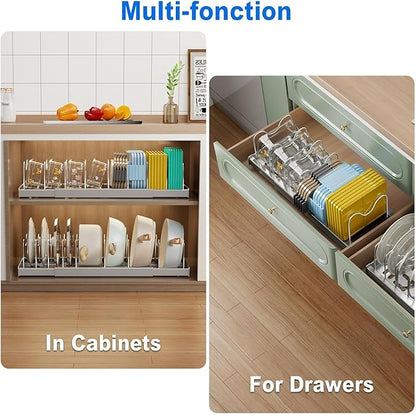 Mustorn Pots and Pans Organizer Under Cabinet, 22" Expandable Food Storage Container Lid Organizers with 9 Adjustable Dividers Pot and Pan Lid Holders Rack Inside Cabinet/Countertop(1 Pack, Gray)