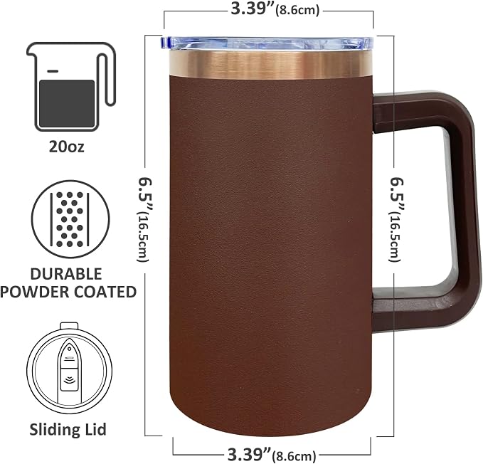 20 oz Insulated Coffee Mug with Lid, Stainless Steel Coffee Tumbler Bulk, Double Wall Vacuum Travel Mug with Handle, Leakproof Powder Coated Coffee Cups for Hot and Cold Drinks (Brown,4 pack)
