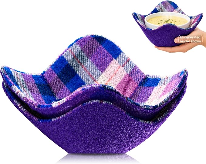 Set of 2 Purple with White Microwave Bowl Cloth Hot Pads - Multipurpose Heat Resistant Plate Holders - Hot Pads for Bouillon Cups - Pot Holder Microwavable Bowl Cozies for Food