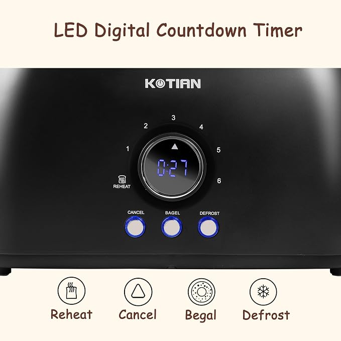 Toaster 4 Slice,KOTIAN Retro Long Slot Toasters with Countdown Timer,Stainless Steel Toaster,Bagel,Defrost,Reheat,Cancel Functions,Extra Wide Slots,6 Toast Settings,Removable Crumbs Tray,Matte black