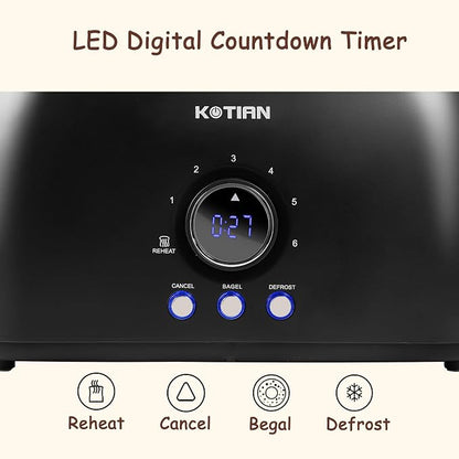 Toaster 4 Slice,KOTIAN Retro Long Slot Toasters with Countdown Timer,Stainless Steel Toaster,Bagel,Defrost,Reheat,Cancel Functions,Extra Wide Slots,6 Toast Settings,Removable Crumbs Tray,Matte black