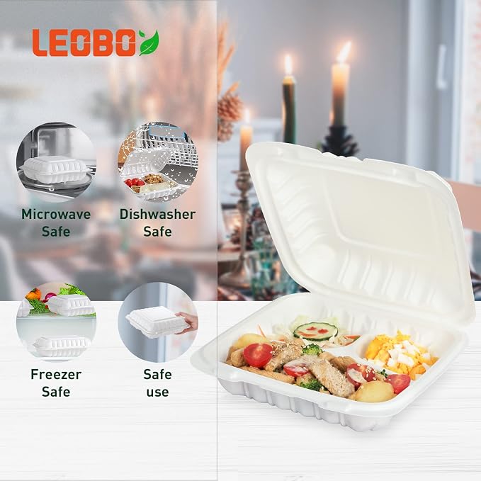 55-Pack 34oz 8 Inch Food Containers - Shrink Wrapped No Pre-Wash | 3-Compartment Reusable & Secure Snap Closure | Bpa Free Microwave Safe for Leftovers, Work Meals, Takeout & Meal Prep, White