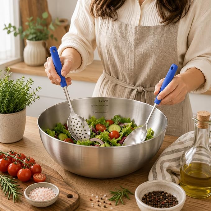 Metal Serving Spoons Set, Large Serving Spoons with Silicone Handles, Stainless Steel Serving Spoon, Slotted Spoon & Soup Ladle Set for Buffet and Home Kitchen (Blue)
