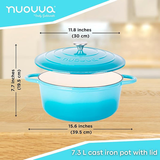 Cast Iron Dutch Oven with Lid - Non-Stick Ovenproof Enamelled Casserole Pot - Sturdy Dutch Oven Cookware - Blue, 7.3- Quart, 30cm- by Nuovva
