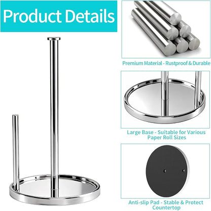 Paper Towel Holder Countertop, Standing Paper Roll Holder with Anti Slip Weighted Base, Stainless Steel Freestanding Paper Towel Holder for Kitchen, Chrome