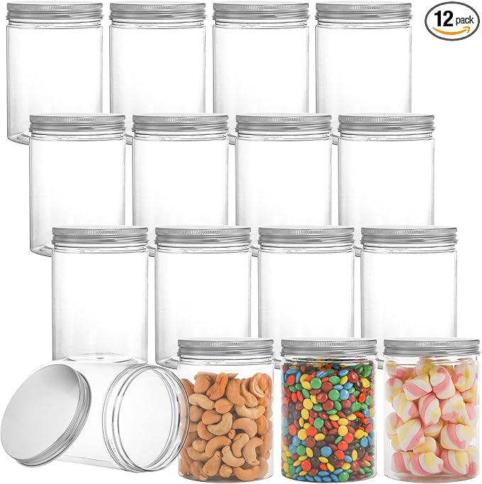 Tebery 16 Pack Clear Plastic Jars Bottles Containers with Silver Ribbed Lids 20oz Straight Cylinders Storage Canisters for Food & Home Storage