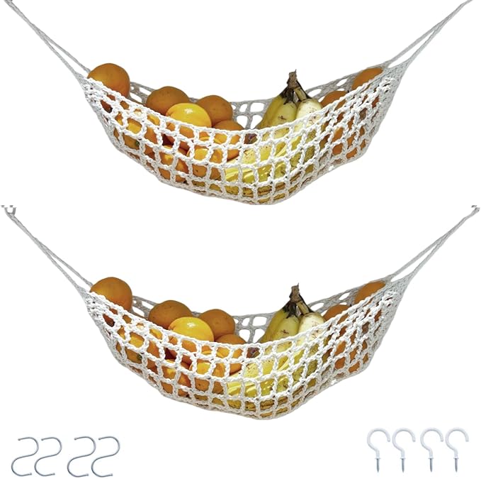 2-Pack Hanging Fruit Hammock with Hooks - Macrame Under Cabinet Veggie Banana Basket, Hand-Woven Boho Fruit Holder, Save Counter Space for Kitchen Home RV Boat (Ivory)