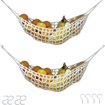 2-Pack Hanging Fruit Hammock with Hooks - Macrame Under Cabinet Veggie Banana Basket, Hand-Woven Boho Fruit Holder, Save Counter Space for Kitchen Home RV Boat (Ivory)