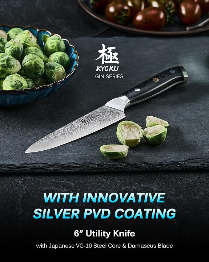 KYOKU Gin Series 5" Utility Kitchen Knife, Japanese Style VG10 Damascus Stainless Steel Knife with Silver Ion Blade G10 Handle Mosaic Pin, All Purpose Professional for Meat Veg and Fruit