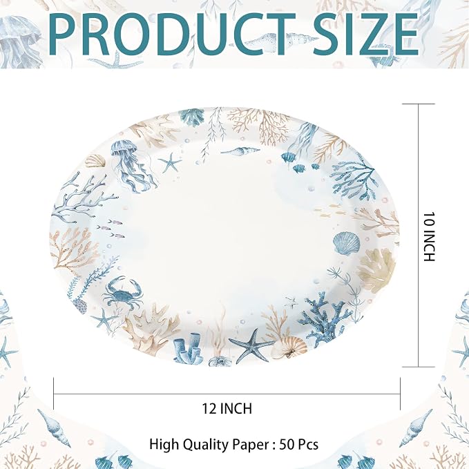 50Pcs Coastal Oval Paper Plates 10" x 12" Large Heavy Duty Ocean Sea Coral Starfish Seashell Party Plate for Summer Beach Hawaiian Under the Sea Wedding Birthday Holiday Dinner Party Decorations