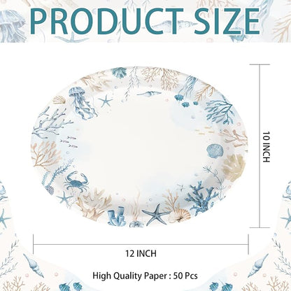 50Pcs Coastal Oval Paper Plates 10" x 12" Large Heavy Duty Ocean Sea Coral Starfish Seashell Party Plate for Summer Beach Hawaiian Under the Sea Wedding Birthday Holiday Dinner Party Decorations
