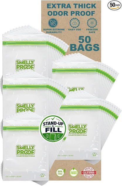 Smelly Proof 50pk Reusable Stand & Fill Food Storage Bags - BPA FREE, NO PEVA, Clear 3 mils STAND UP 6.5" x 7.5" - 50 pcs