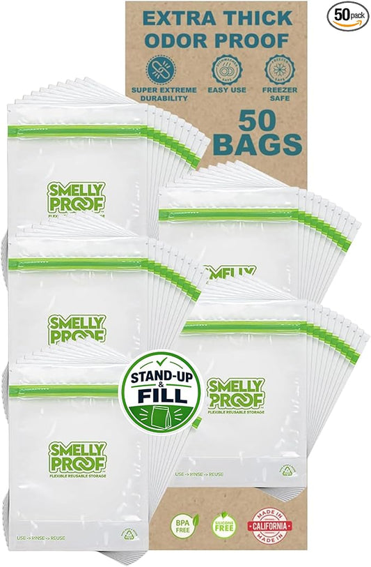 Smelly Proof 50pk Reusable Stand & Fill Food Storage Bags - BPA FREE, NO PEVA, Clear 3 mils STAND UP 6.5" x 7.5" - 50 pcs