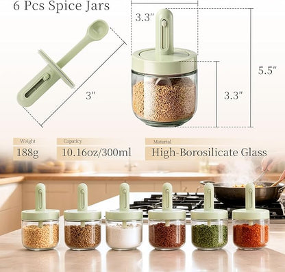 ShanSon 6-Piece Glass Spice Jars with Adjustable Spoon, 10.16oz /300ml Seasoning Containers with Airtight Lids, Moisture-Proof Condiment Pots, Spice Organizer for Kitchen Countertop & Pantry Storage