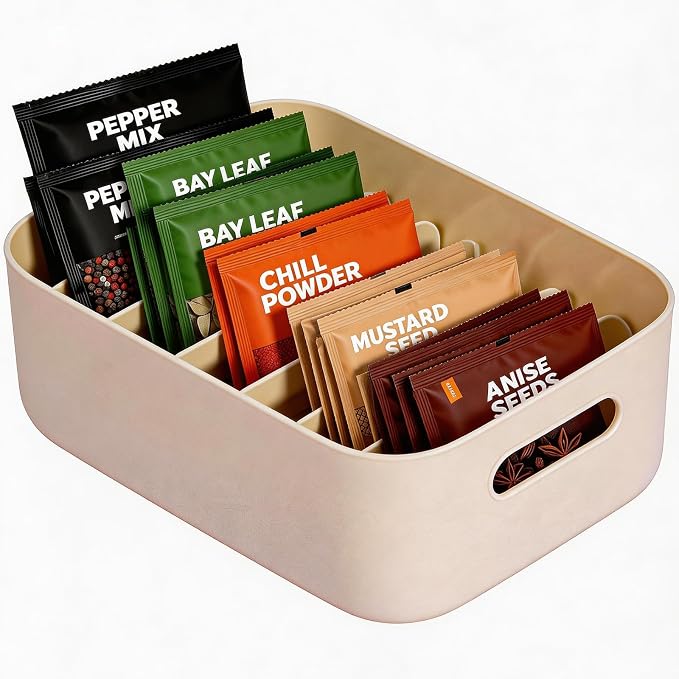 Seasoning Packet Organizer, 6 Compartments Plastic Packet Organizer Pantry Storage Caddy for Spice Packets, Kitchen Cabinet, Tea Bags