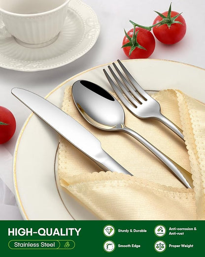 PHILIPALA 65 Piece Silverware Set with Serving Utensils, Stainless Steel Flatware Set for 12 Food Grade Novelty Flatware Cutlery Utensil Set Include Knife Fork Spoon Mirror Polished Dishwasher Safe