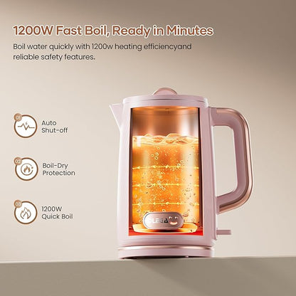 OLEGA Electric Kettle: 1200W Fast Boil Electric Water Kettles, 1.5L Double Wall Stainless Steel Tea Kettle, Auto Shut-Off, BPA-Free Hot Water Boiler Teapot for Coffee & Tea -Light Pink