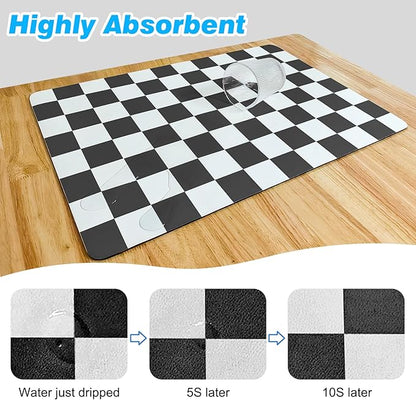 CooRug Checkered Dish Drying Mat for Kitchen Counter, Absorbent Non-Slip Coffee Mat, Heat Resistant Mat for Countertops Coffee Bar Decor 12" x 20" Black