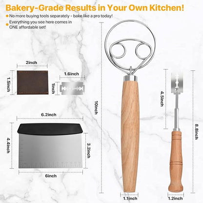 Sourdough Tool Kit, Danish Dough Whisk, Scraper, Lame with Scoring Blades, Wooden Bread Whisk with Metal Hook, Dutch Whisk Stirrer & Wisk Mixer, Baking Set for Making Mixing Whisking Sour Dough.