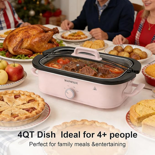 4-Quart Slow Cooker with Casserole Manual Warm Setting - Perfect Kitchen Small Appliance for Family Dinners, Dishwasher Safe Crock, Pink